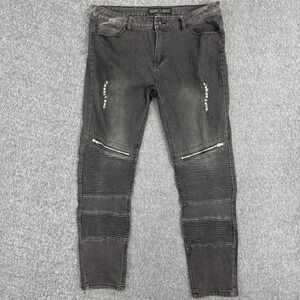 Hard Soda Moto Jeans‎ Mens 36x32 Black Distressed Biker Zip Stretch Denim